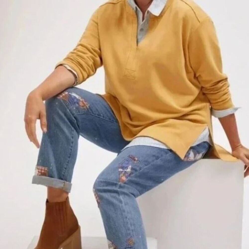 Anthropologie Pilcro Split Hem Tunic Top Sweatshirt XS Gold Relaxed Fit Preppy
